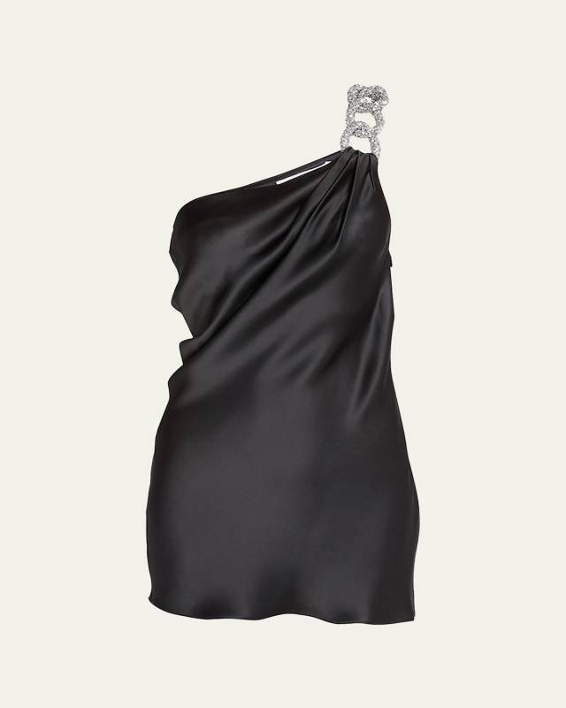 Falabella Crystal-Chain One-Shoulder Satin Mini Dress